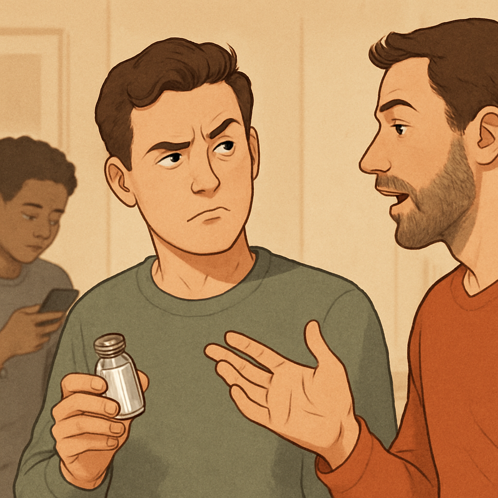 Visual cue for take with a pinch of salt — meaning 1