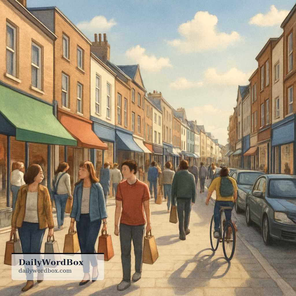 all around the shops: In or to many different shops, usually in the local area, often while searching for something.
