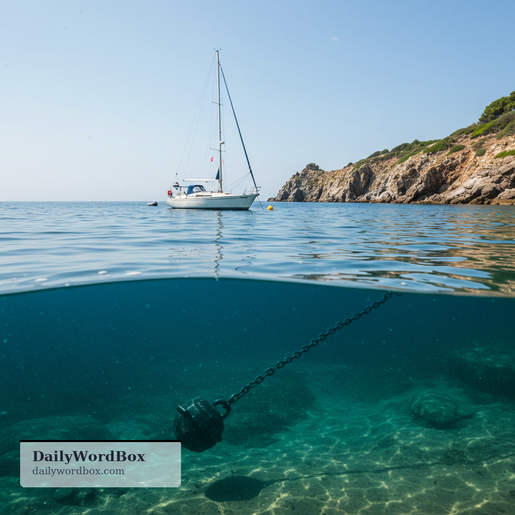 anchor: a heavy device dropped to the bottom of the sea to keep a boat from moving