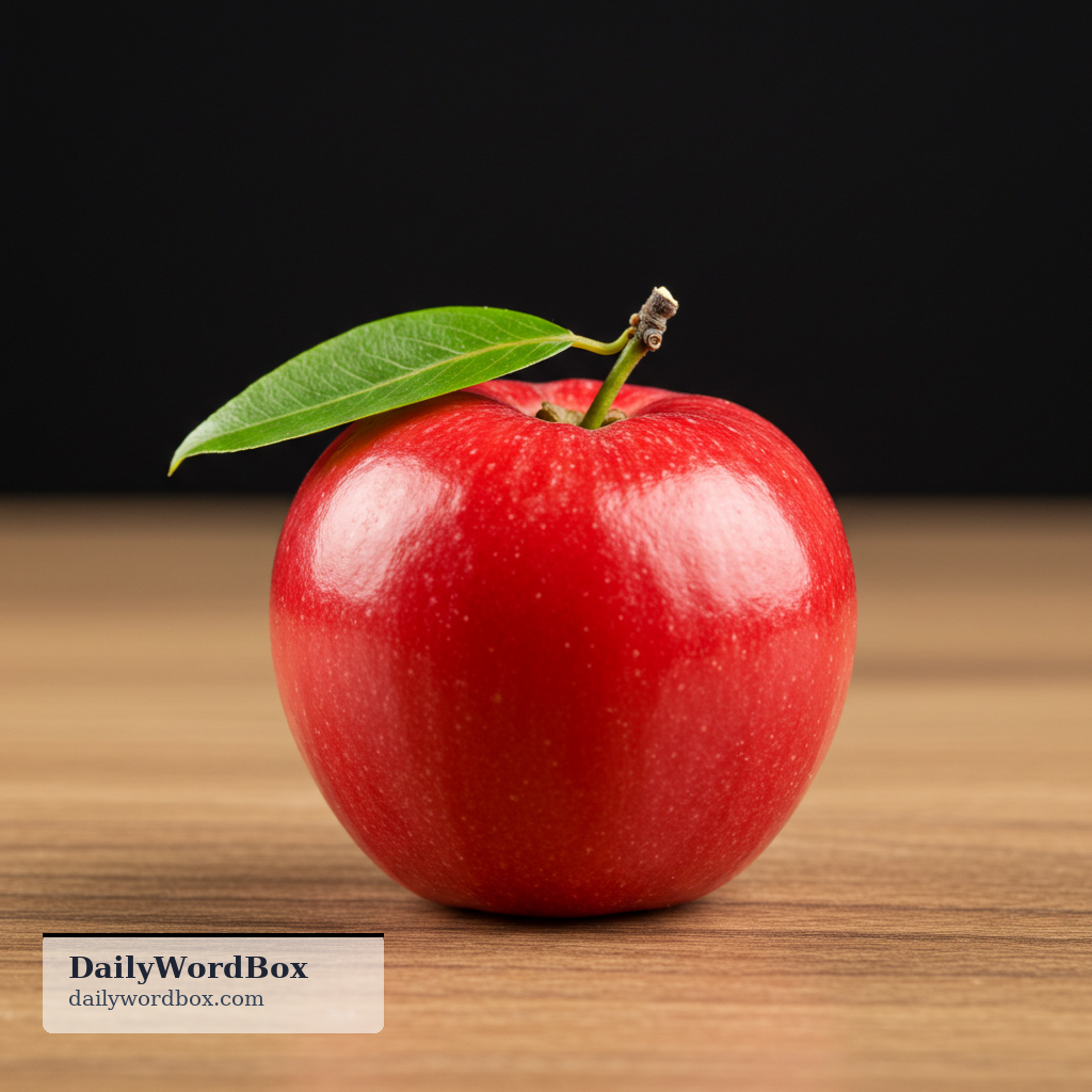 apple: A round fruit with crisp flesh and a green, red, or yellow skin.