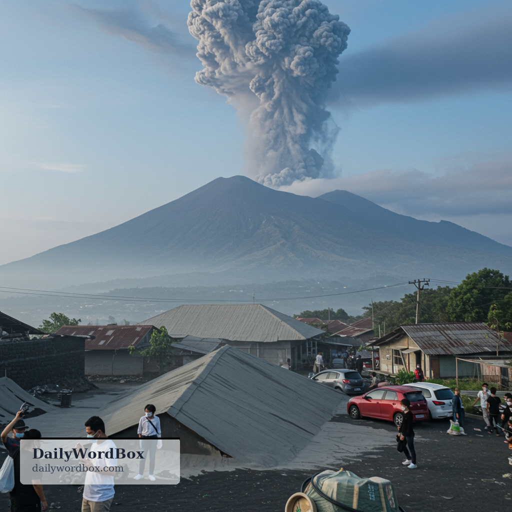 ash: fine particles from a volcano that fall through the air and cover surfaces