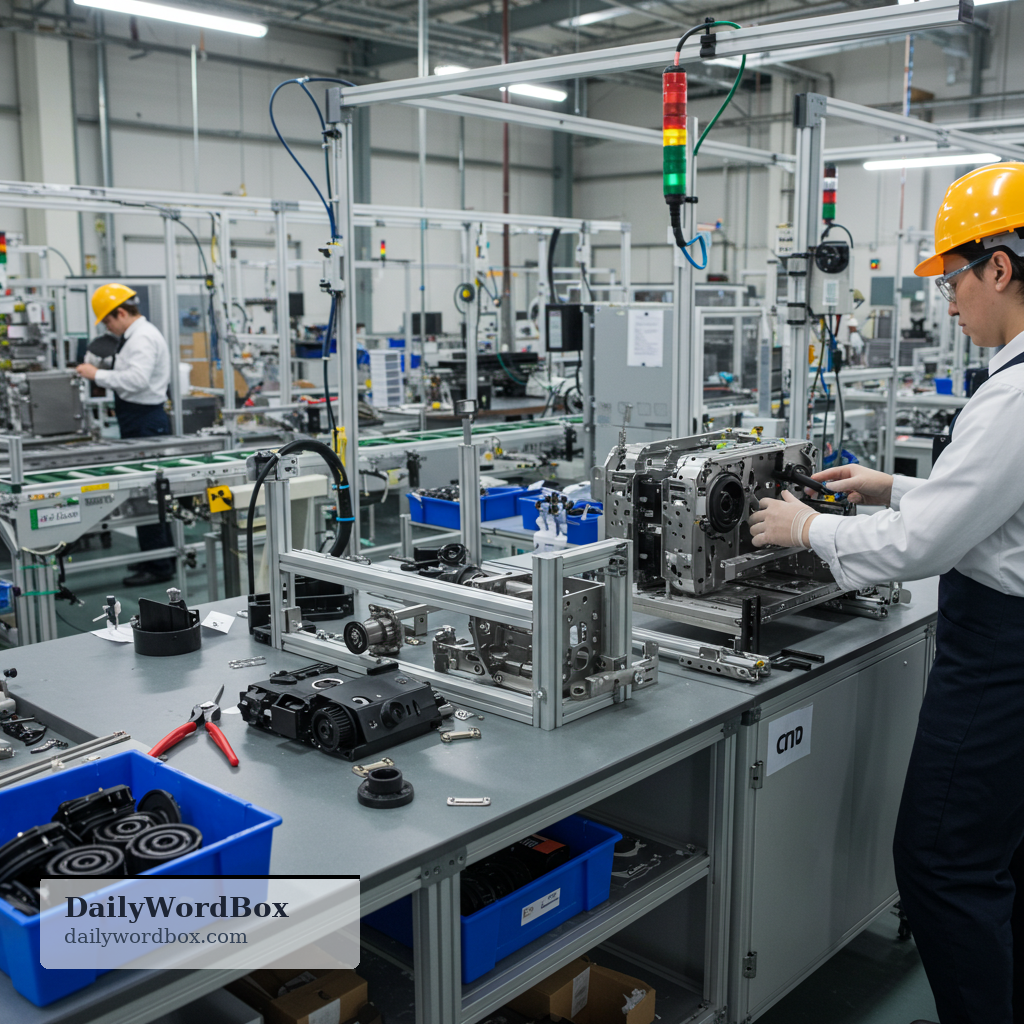 assembly: The act or process of putting parts together to make a machine or product.