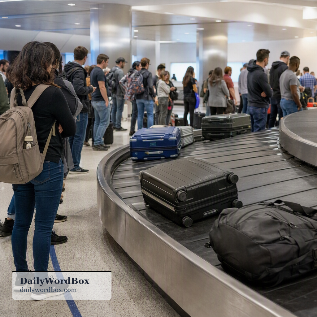 baggage claim: The area in an airport where passengers collect their checked luggage after a flight.