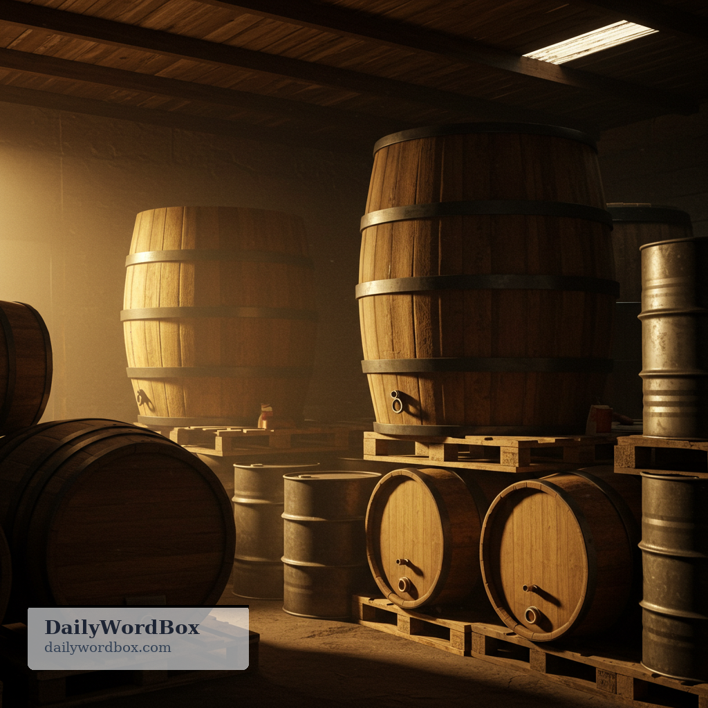 barrel: A large cylindrical container, often made of wood or metal, used to store or transport liquids or other goods.