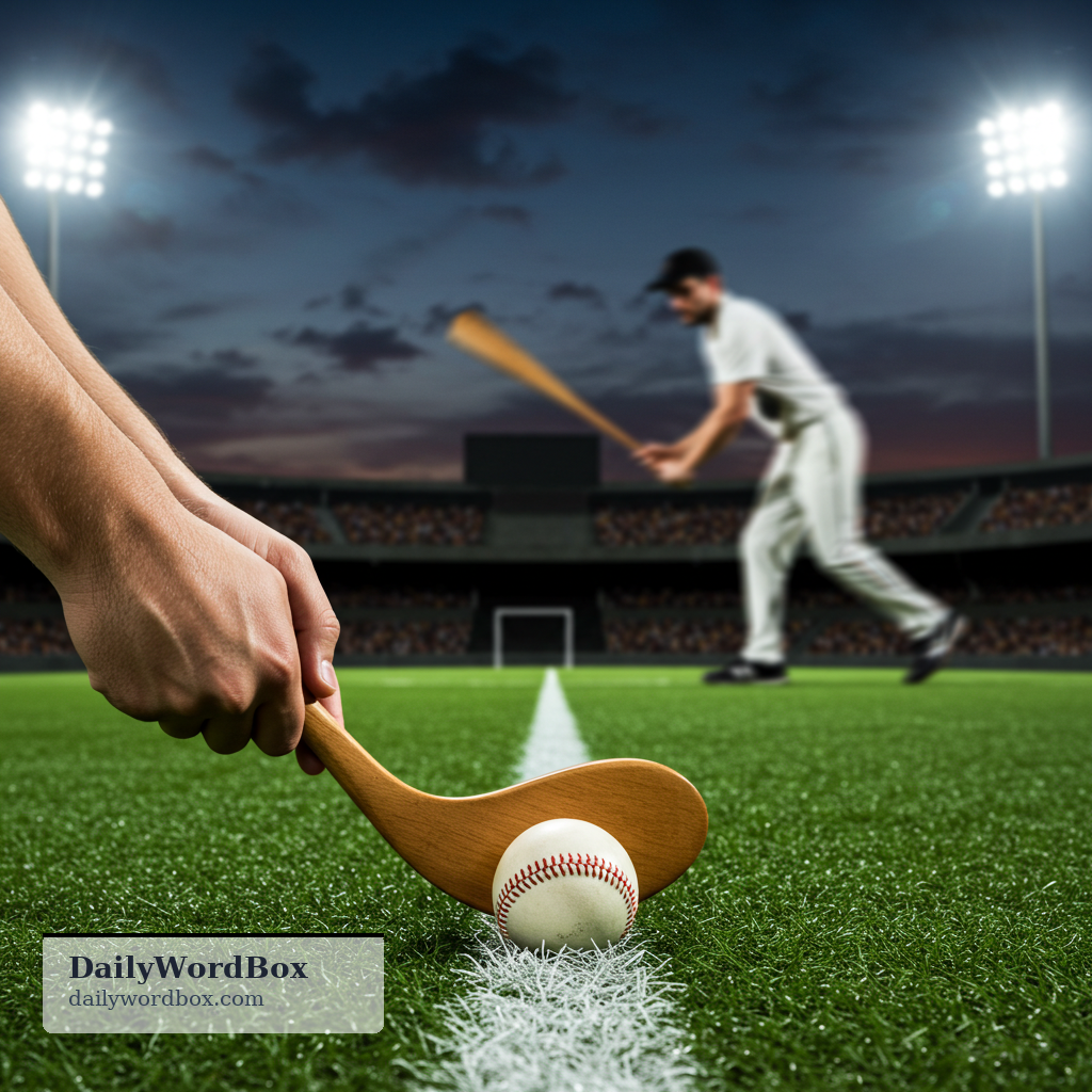 bat: a wooden or metal club used to hit a ball in sports such as baseball or cricket