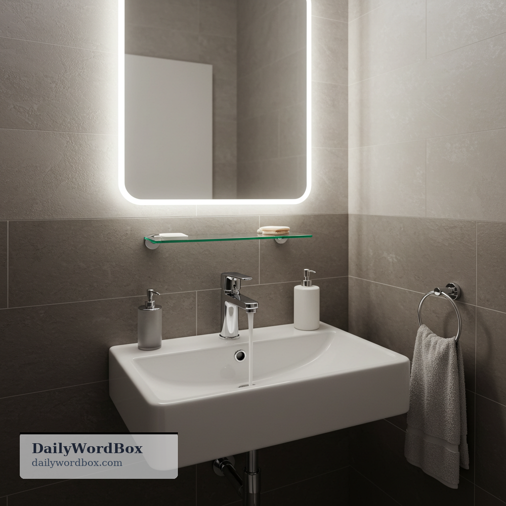 bathroom sink: the sink located in a bathroom, used for washing hands and face