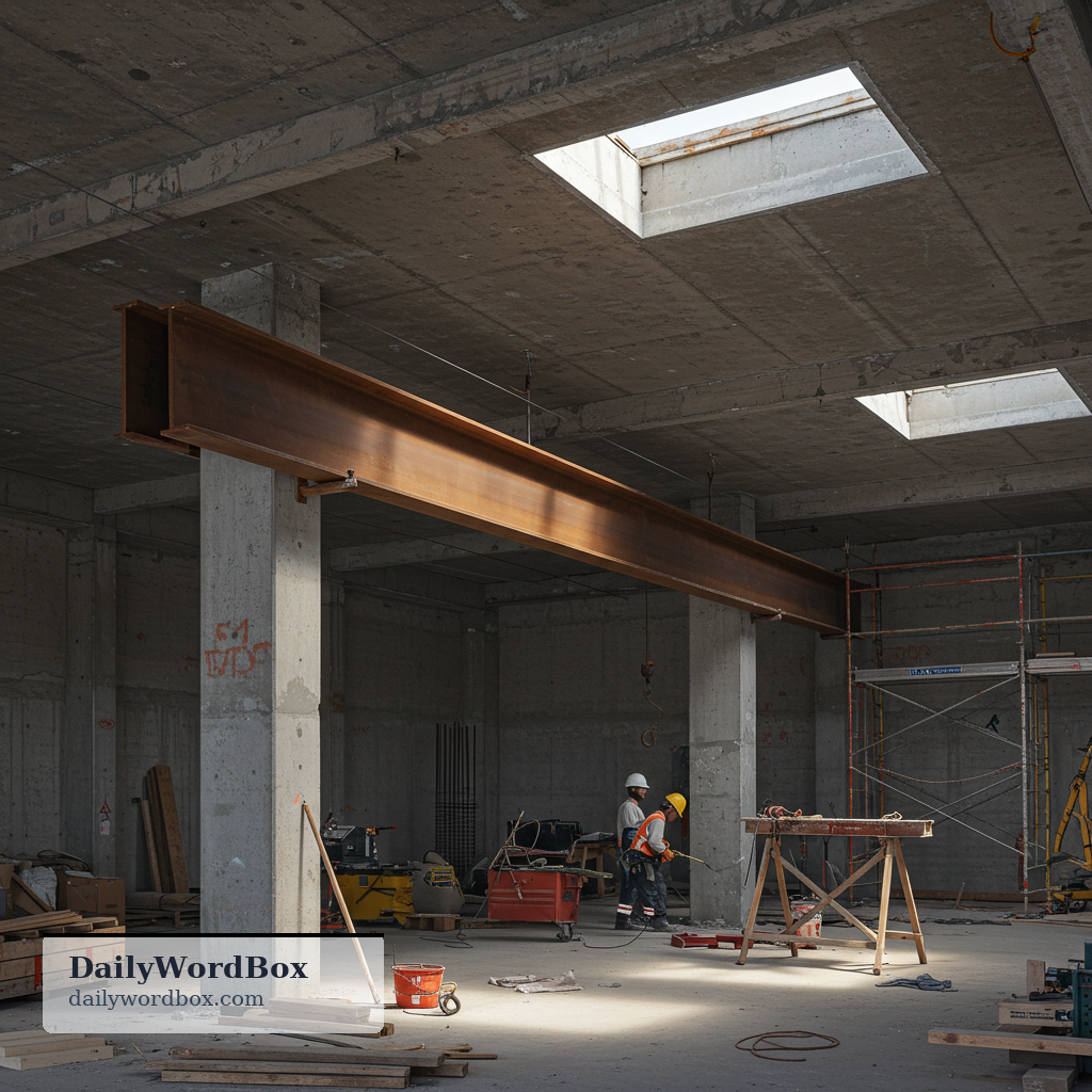 beam: A long, strong piece of material used to support weight, especially in construction.