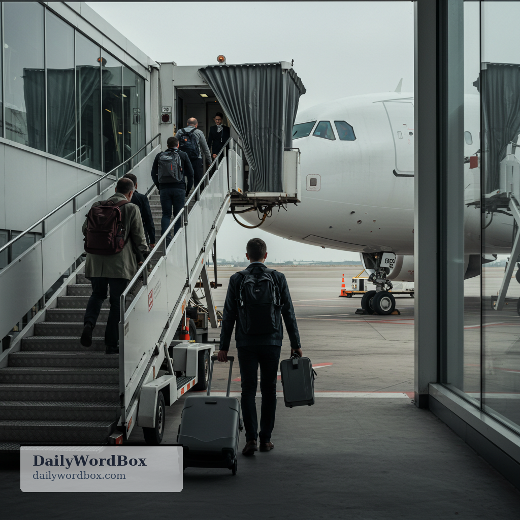 board a plane: to get onto an airplane to begin a flight