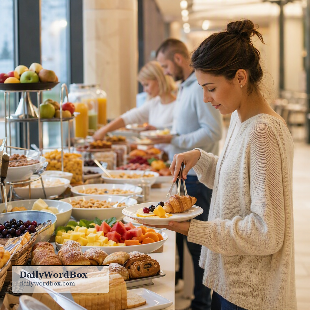 breakfast buffet: A self-service meal offered in the morning, typically at a hotel, featuring a variety of breakfast foods.