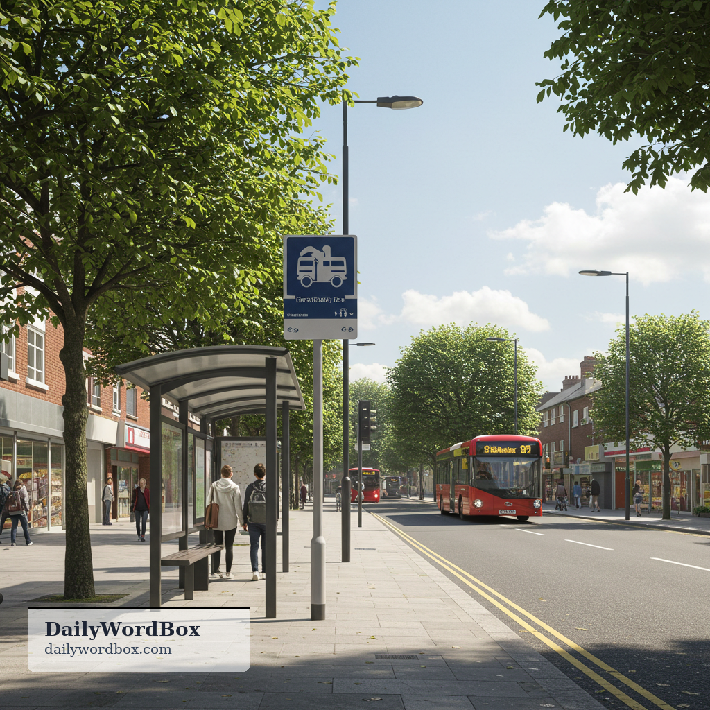 bus stop: a place by the road where buses regularly stop so passengers can get on or off