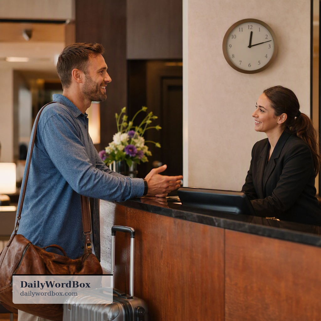 Can I have a late checkout?: A polite request, typically made at a hotel, to be allowed to stay in the room beyond the stand…