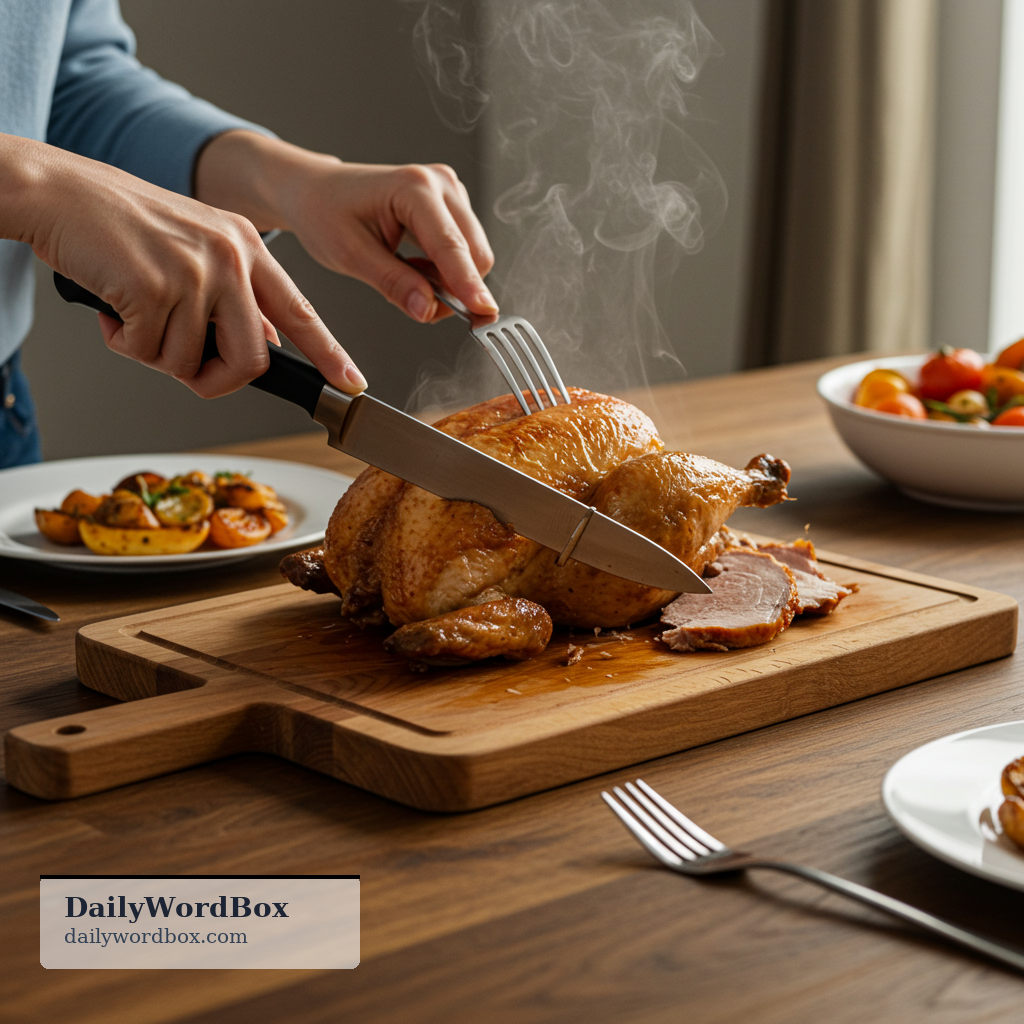 carve: To cut cooked meat or another food into slices for serving.