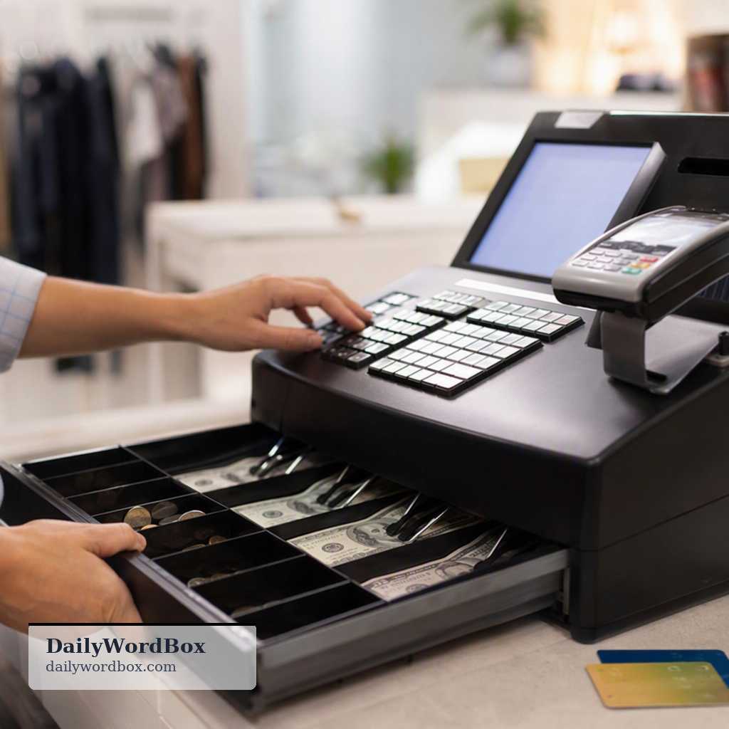 cash register: An electronic machine used in shops to record sales and hold the money paid by customers.