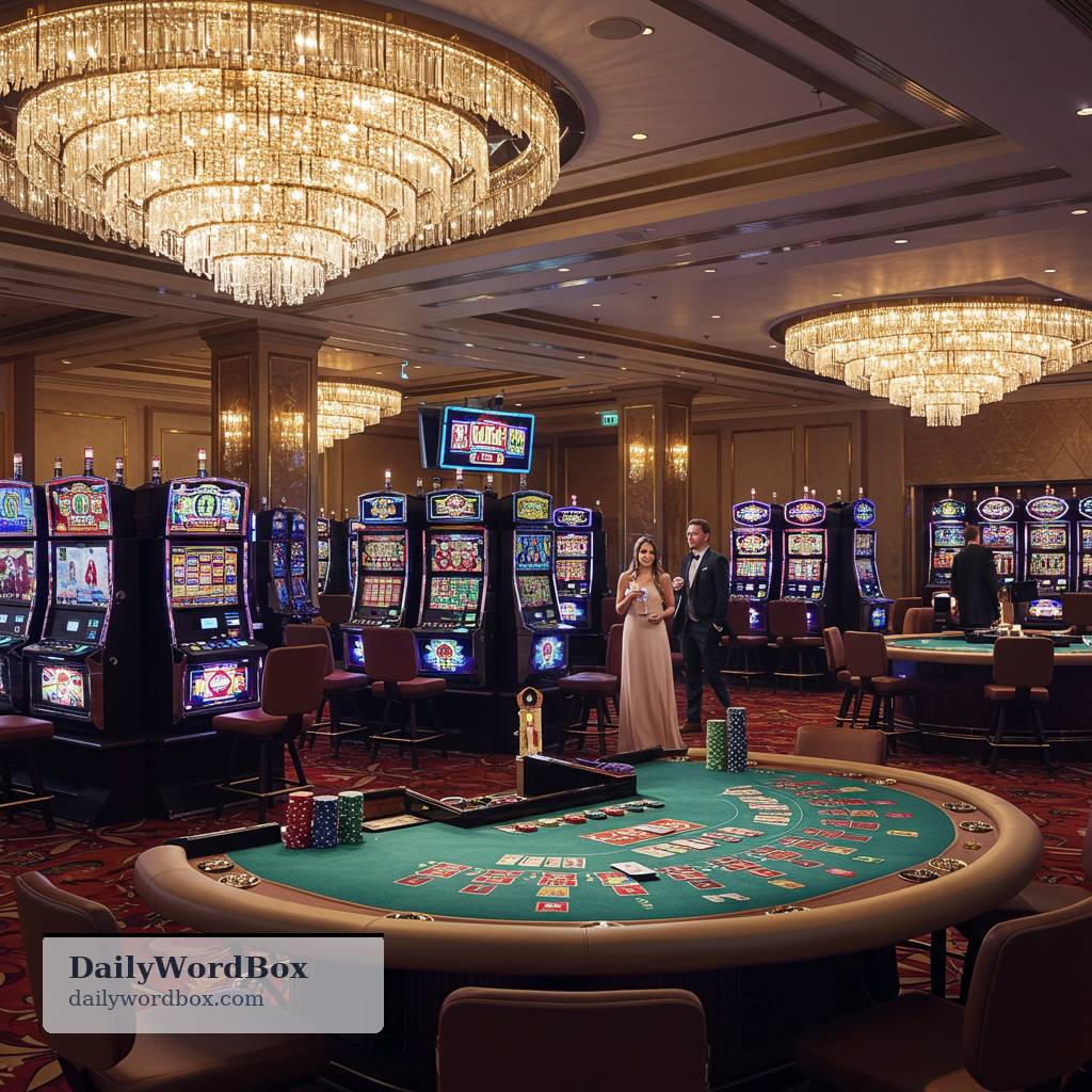 casino: A building or venue where people gamble by playing games such as slot machines, roulette, or card games.