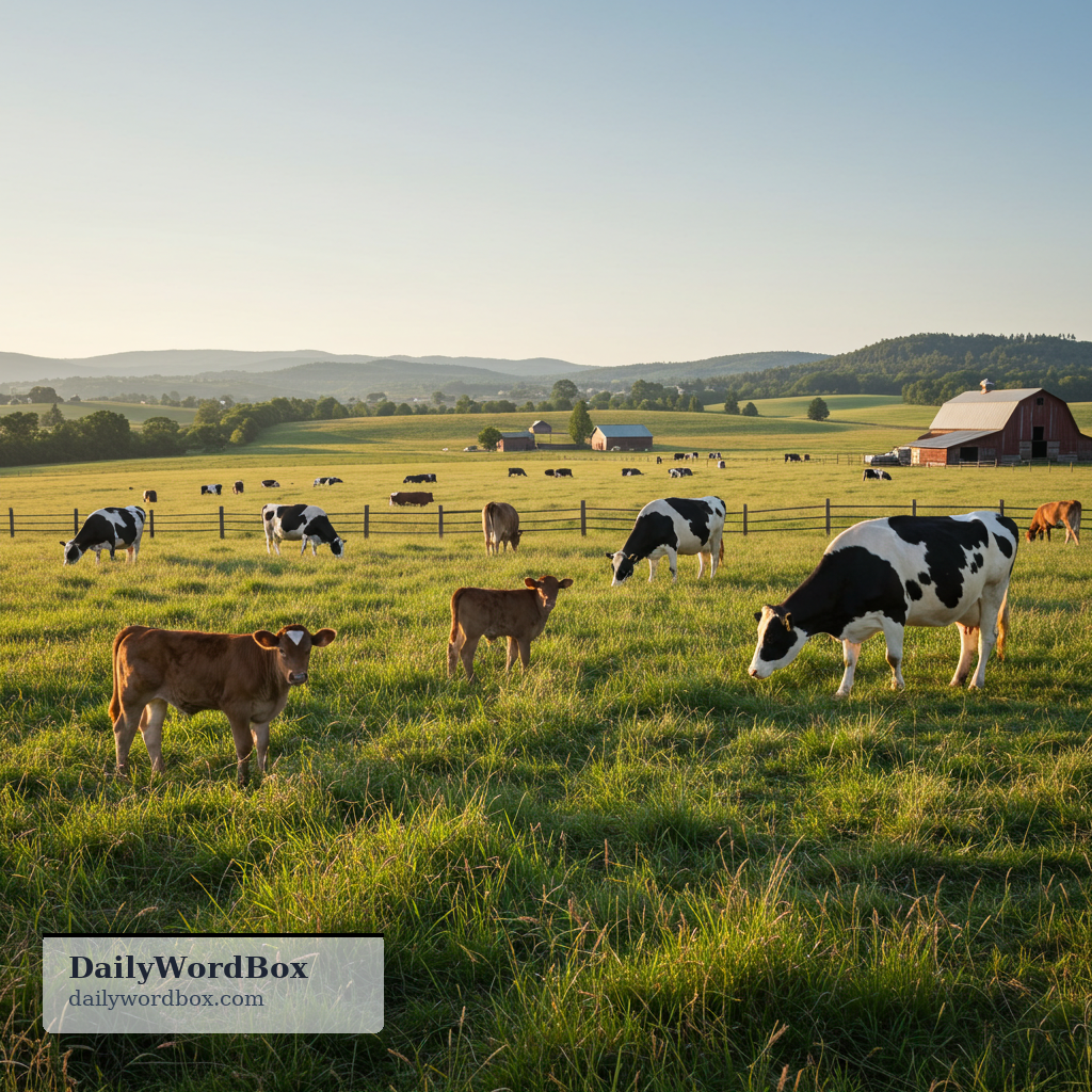 cattle: Large farm animals (cows, bulls, calves) kept for milk, meat, or breeding.