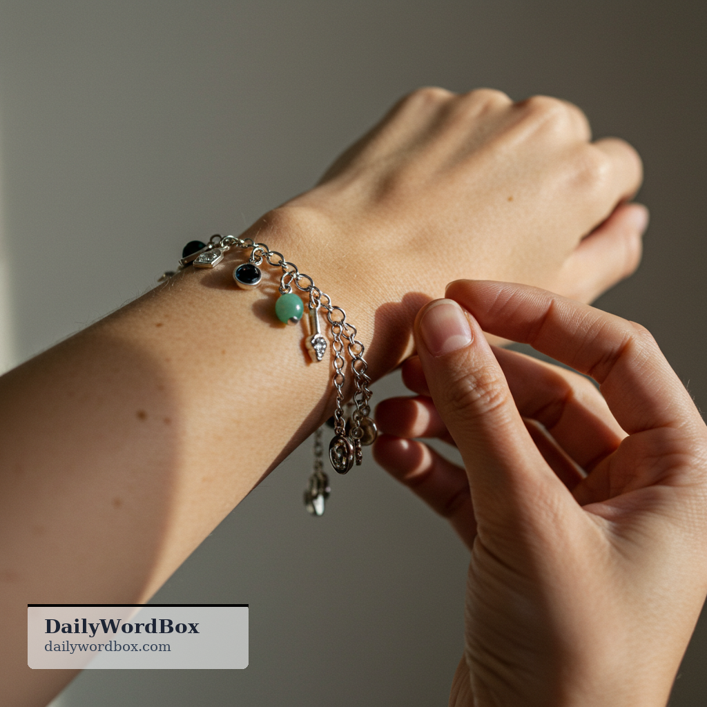 charm: a small decorative object worn on a bracelet or necklace, often meaningful to the owner