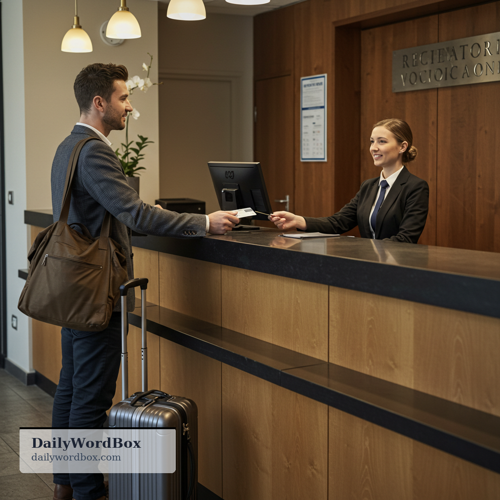 check in: to arrive and register at a hotel, airport, or event