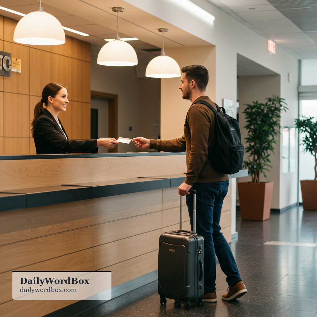 check into: To register as a guest when arriving at a hotel, airport, clinic, or other facility.