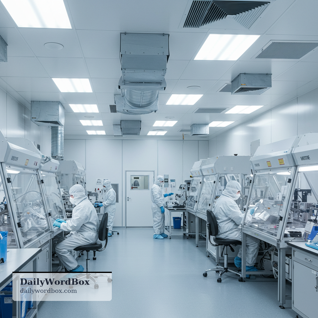 clean room: a very clean, controlled area designed to keep dust and germs out, often used in labs or electronics manufacturi…