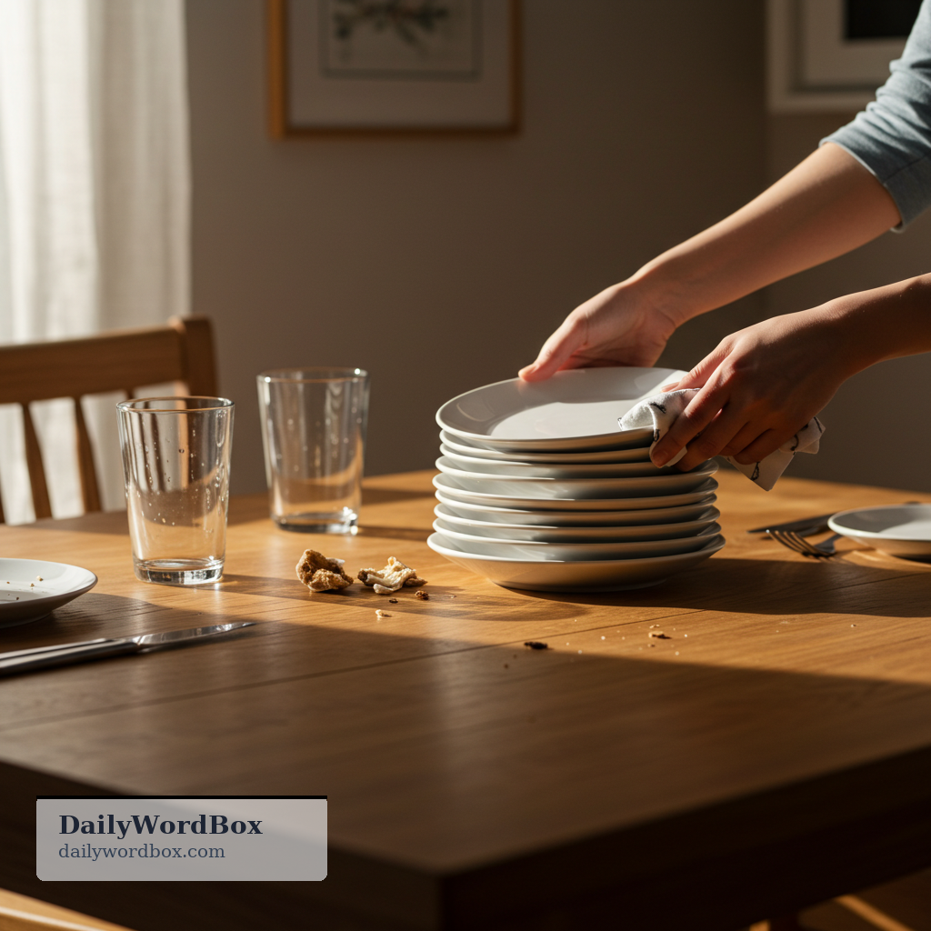 clear away: To remove items from a place, especially to tidy up or make space.