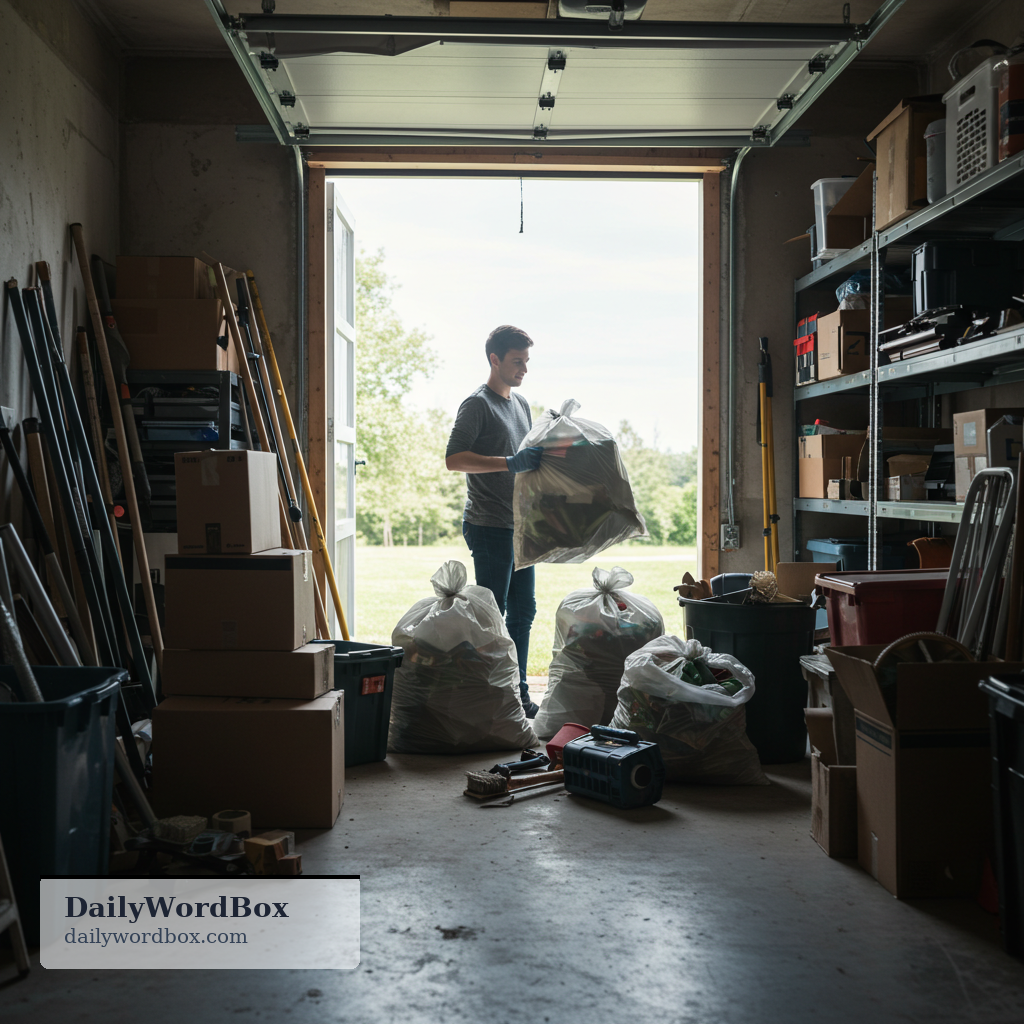 clear out: To remove items from a place so it becomes empty, organized, or ready for a new use.