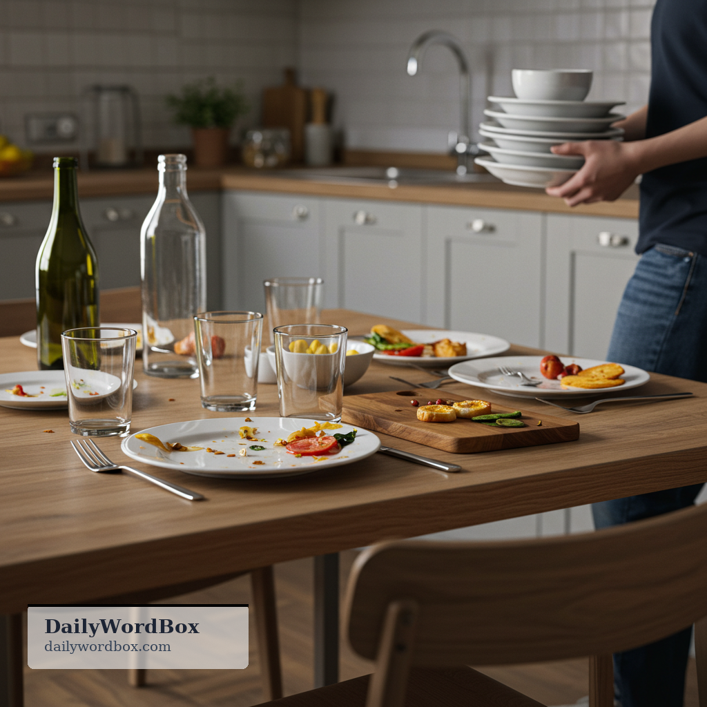 clear the table: to remove used dishes, food, and other items from a table after eating