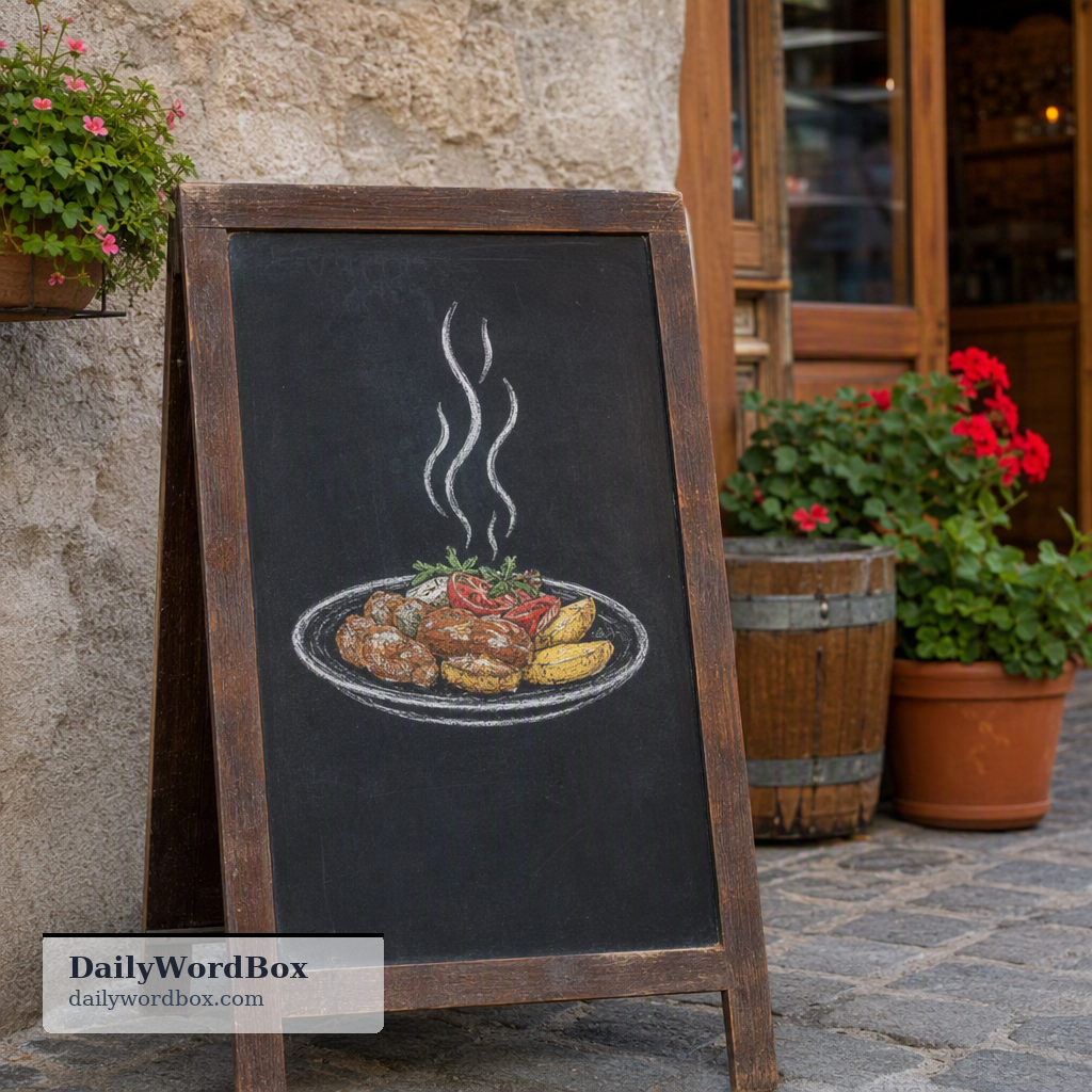 daily special: A dish or item that a restaurant or store offers at a special price or as a unique offering for one particula…