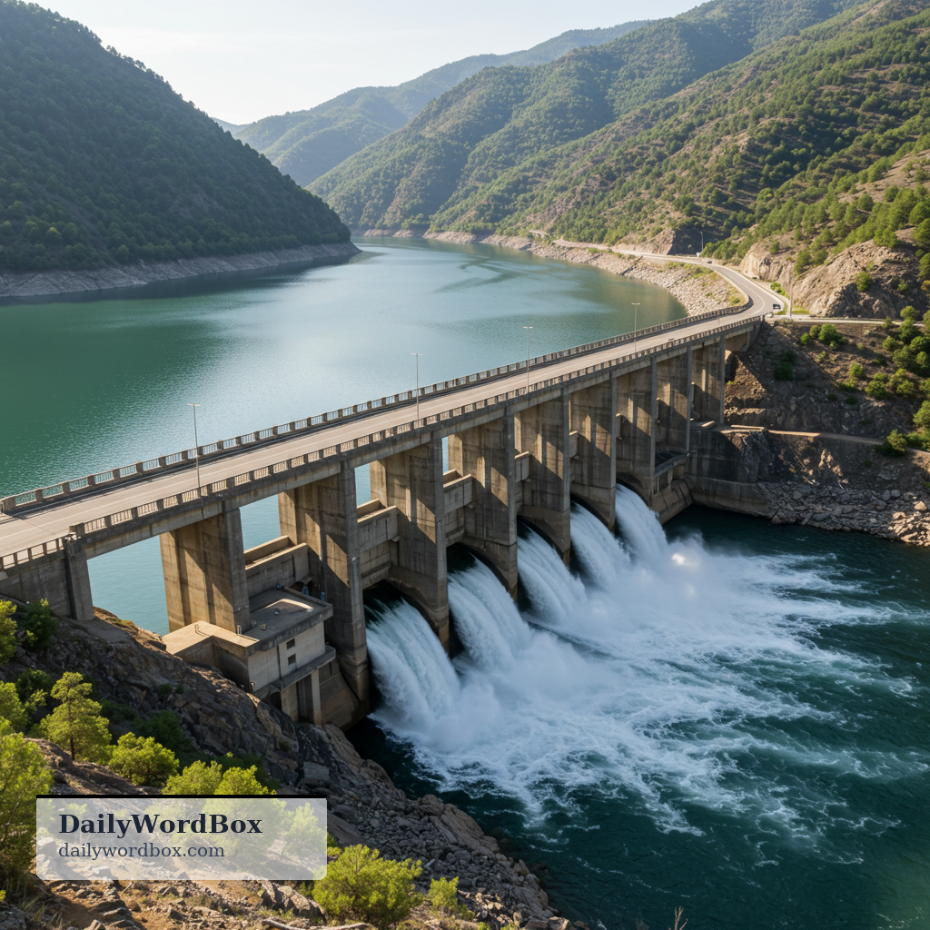 dam: A barrier built across a river or stream to hold back and control water.