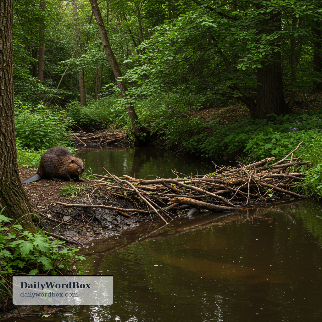 dam: A blockage made by animals (especially beavers) using branches and mud to stop water flowing.