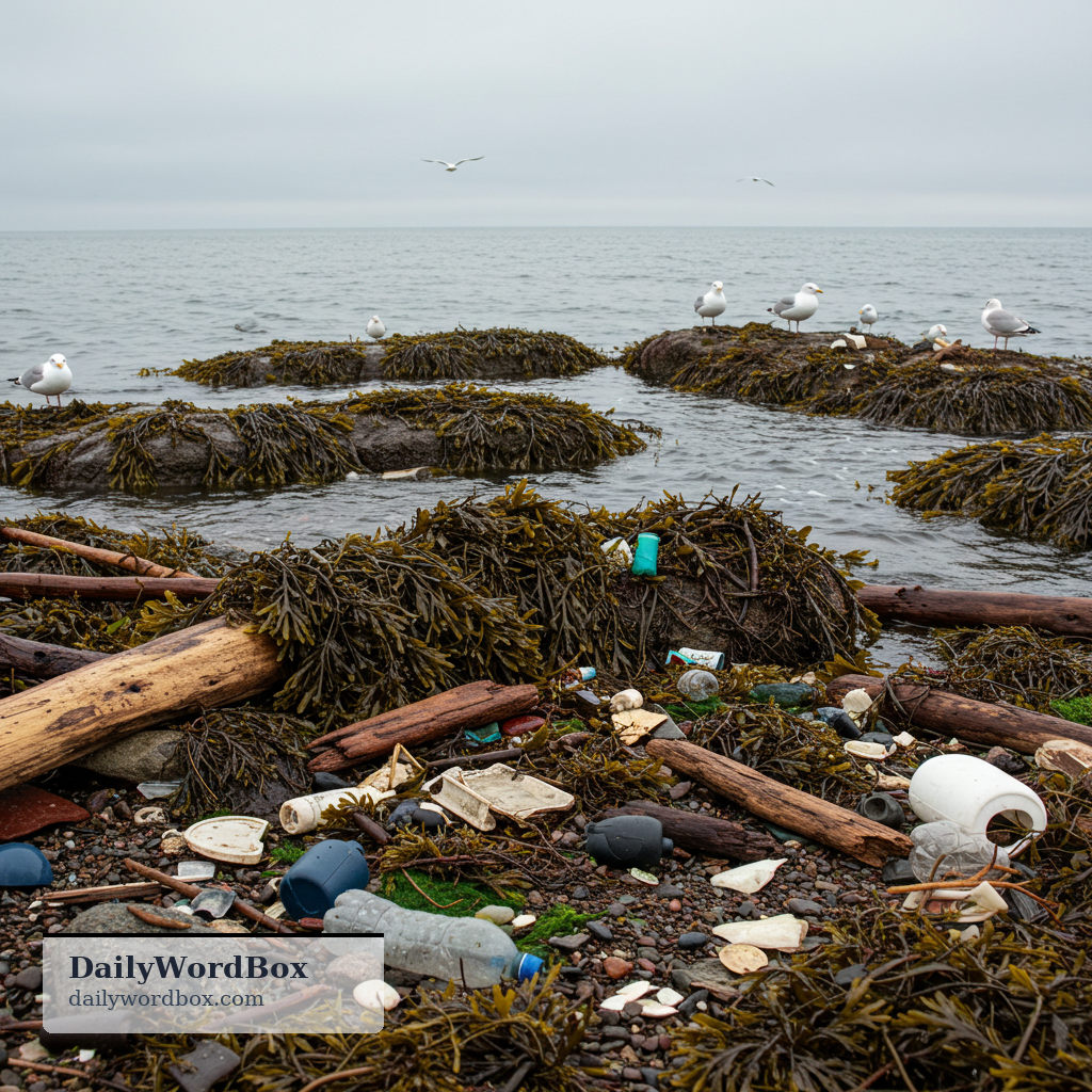 debris: small unwanted material or waste that collects in an area, especially in water or along a shore