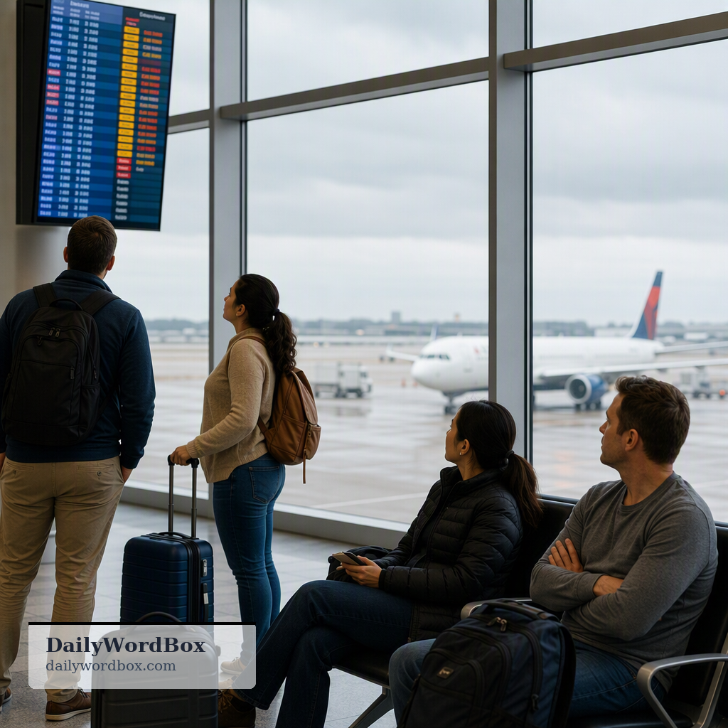 delayed flight: A flight that departs or arrives later than its scheduled time.