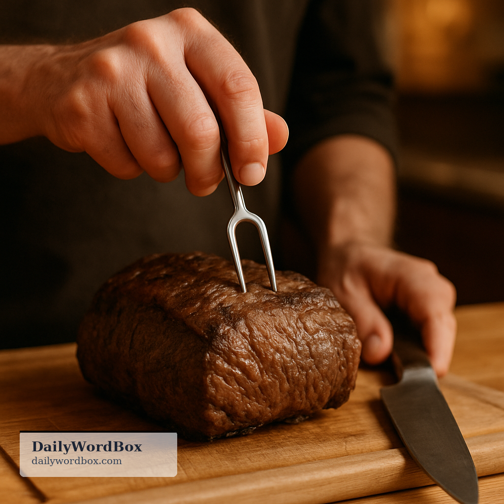devil: A small tool used in cooking to hold food in place, especially for carving meat (a carving fork).