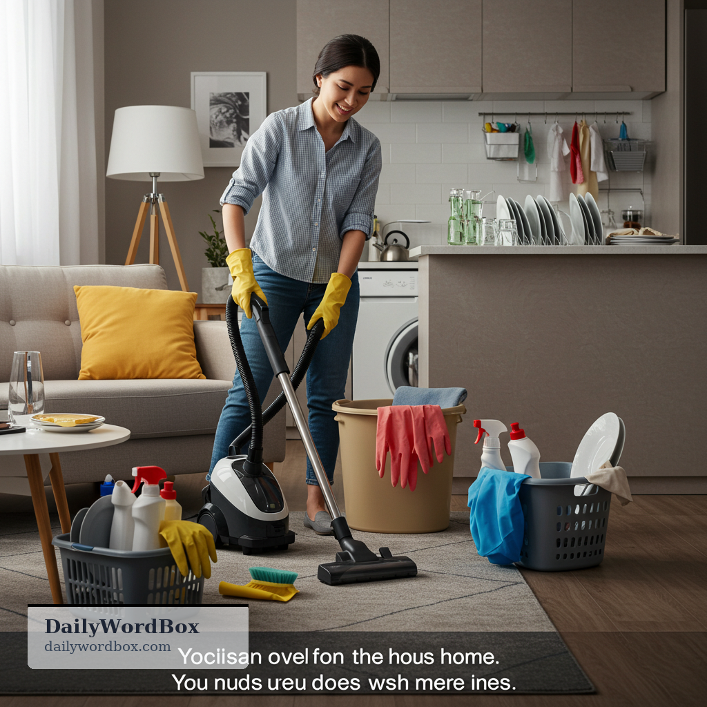 do housework: to clean and do regular chores in a home, such as washing dishes, vacuuming, or laundry
