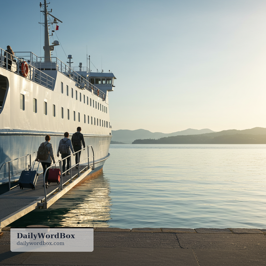 embark: To get on a ship, plane, or other vehicle to start a journey.