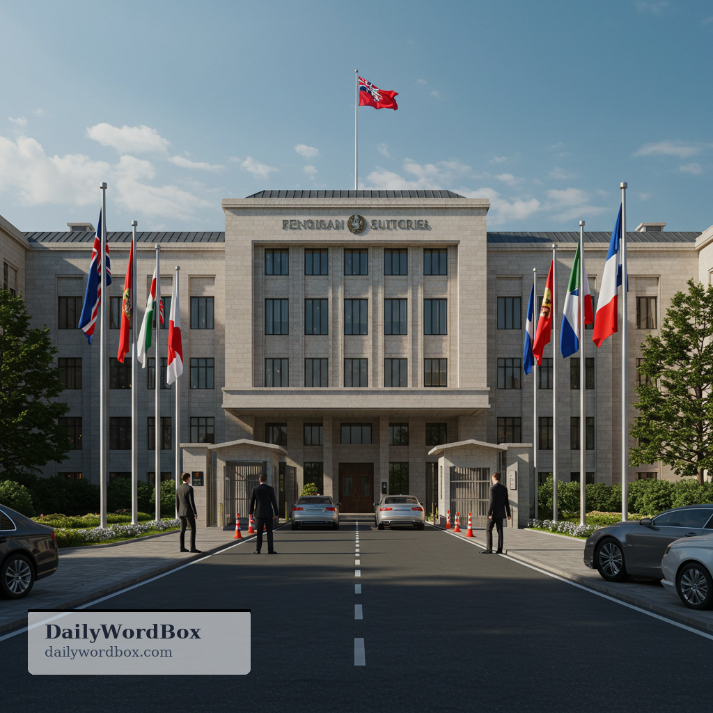 embassy: the main office and staff representing one country’s government in another country, usually in the capital