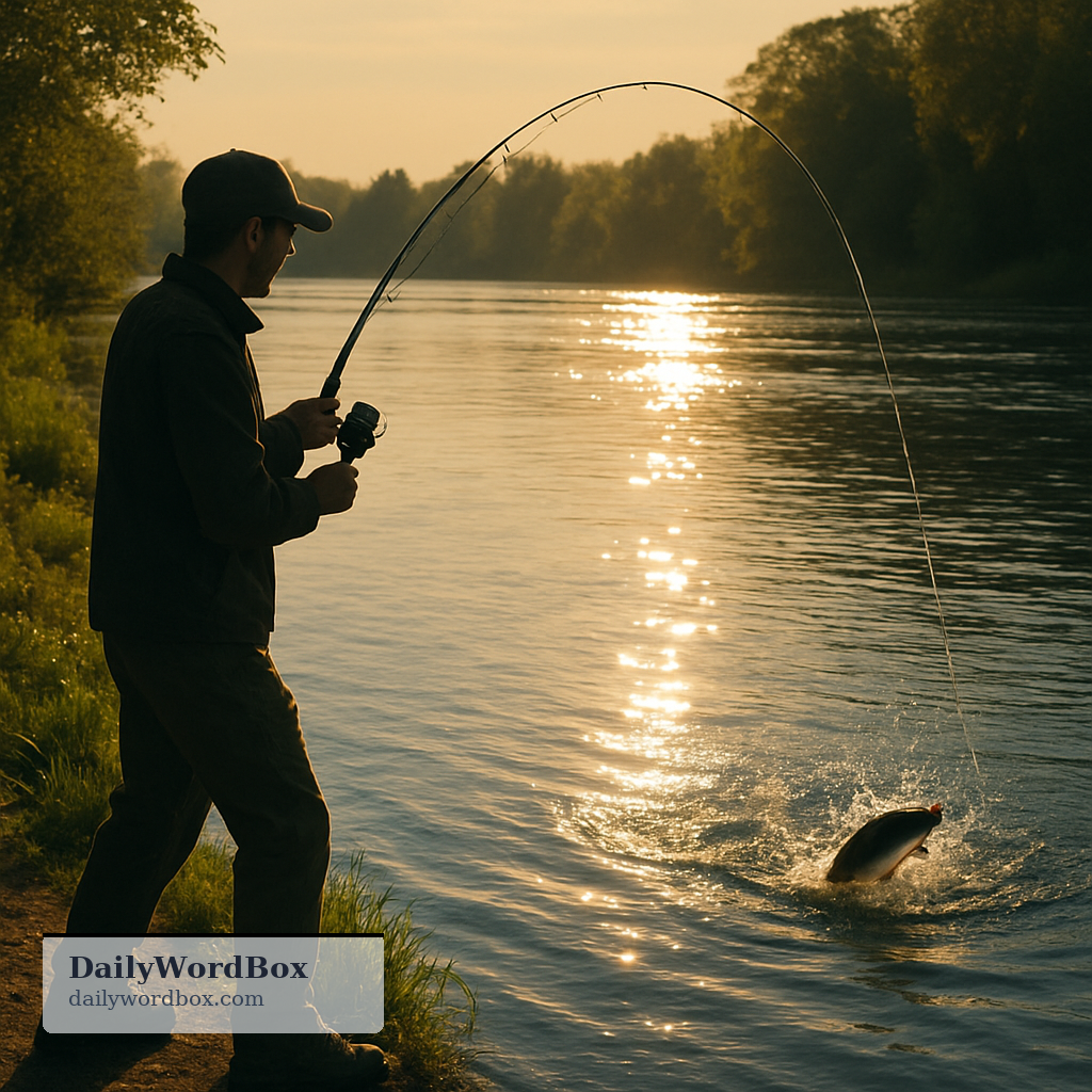 fish on a line: A fish on a line is a fish that has been caught or hooked on a fishing line.