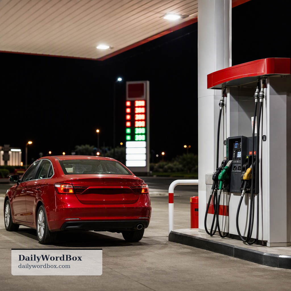 gas station: A place where fuel for vehicles (gasoline/petrol) is sold.