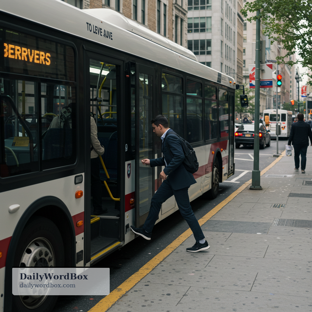 get off: to leave a vehicle (bus, train, plane, bike, etc.)