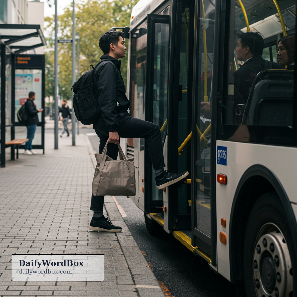 get on: to board or enter a vehicle, especially public transport