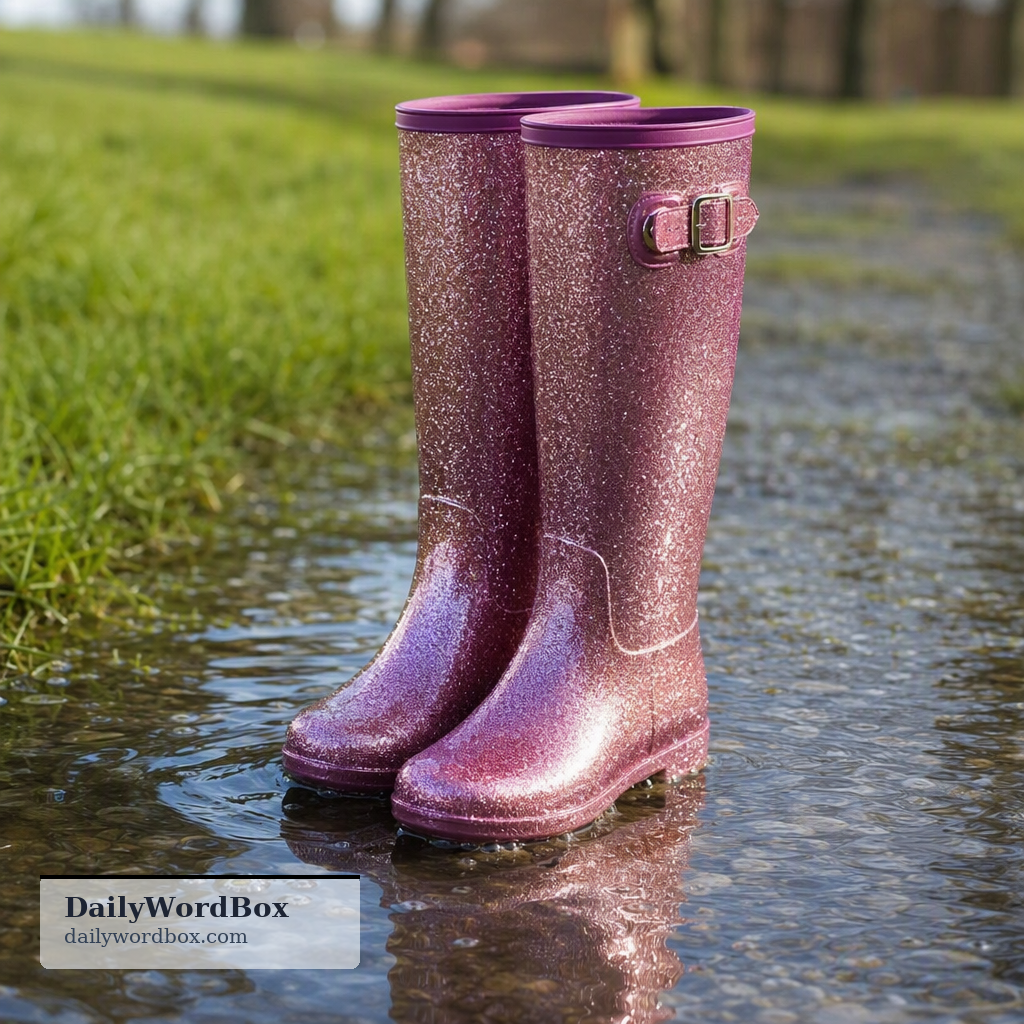 glittery wellies: Waterproof boots adorned with glitter, often worn in wet conditions.