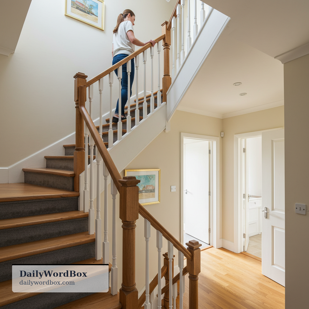 go downstairs: to move from an upper floor to a lower floor in a building
