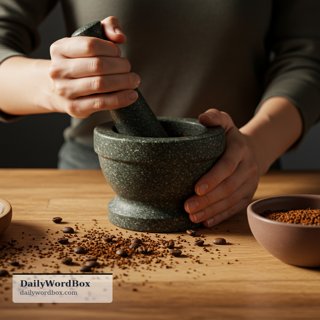 grind: to crush something into small pieces or powder by rubbing or pressing it, often using a tool or machine