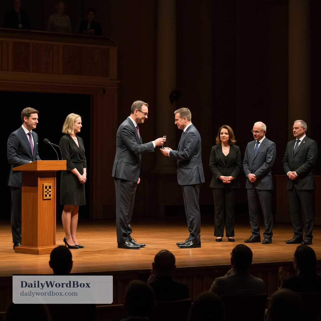 hand out: To give something officially, such as prizes, awards, or punishments.