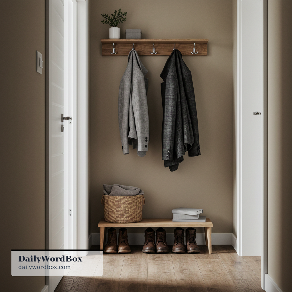 hang up: to put something on a hook or hanger so it is off the floor and stored neatly
