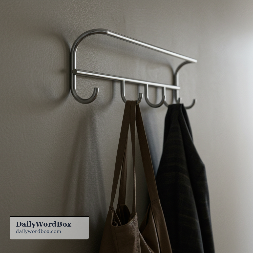 hook: A curved device used to hang, hold, or catch something.