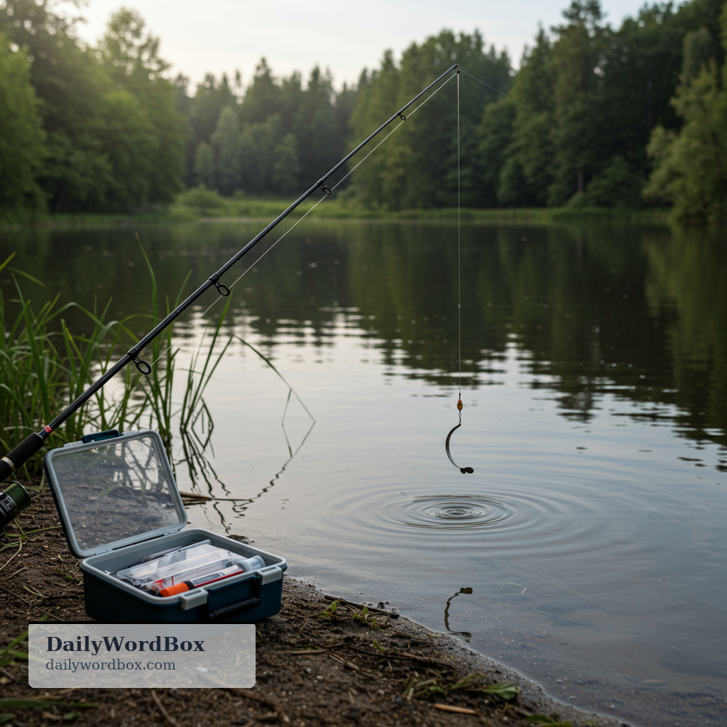 hook: A curved tool used for catching fish, usually attached to a line.