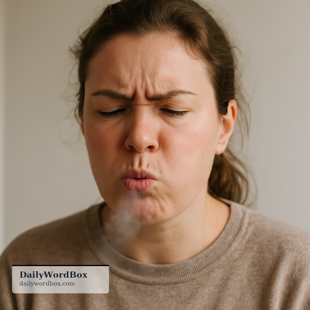 huff: To breathe out noisily, often as an expression of annoyance, anger, or exertion.
