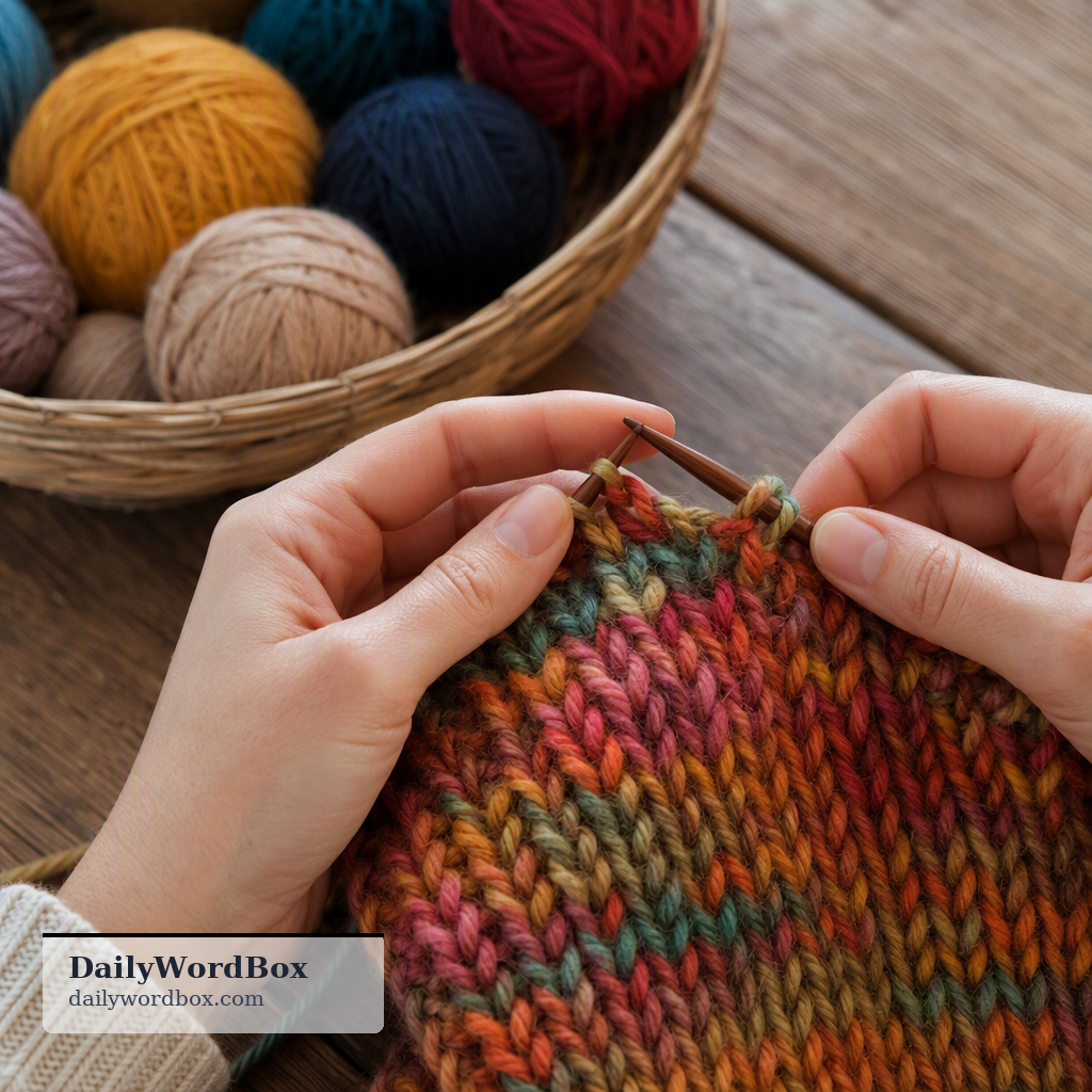 knitting: The craft or activity of making fabric by interlocking loops of yarn with knitting needles.