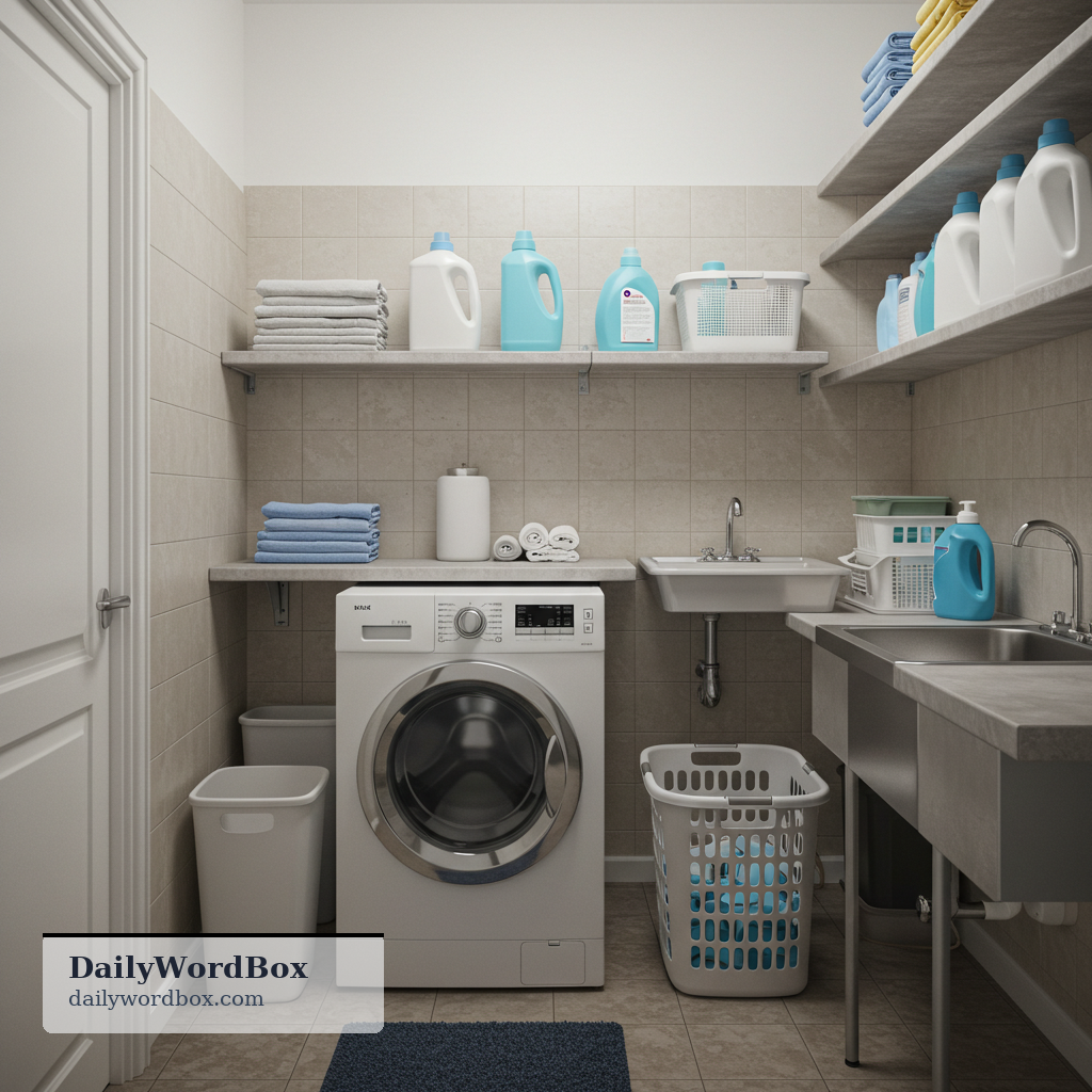 laundry room: a room in a house or building where clothes are washed and dried, usually with a washer and dryer