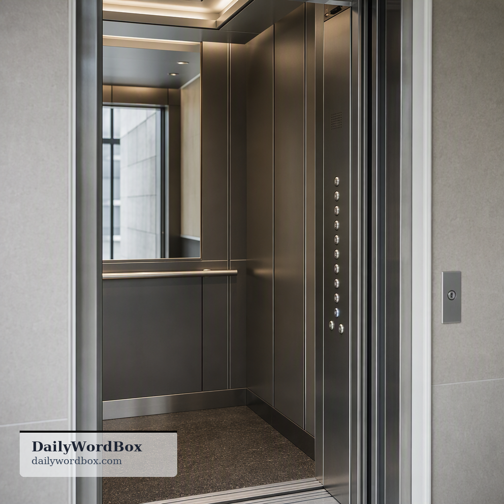 lift: A device, also known as an elevator (US English), used for carrying people or goods up and down in a building.